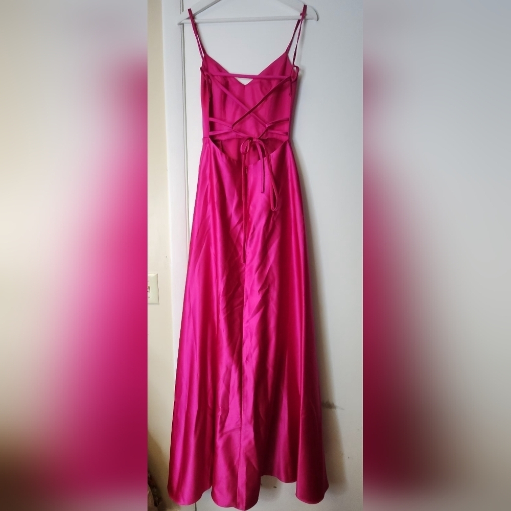 JULES AND CLEO DAVID'S BRIDAL Satin Spaghetti Strap A Line Dress Hot Pink Size 4 - Picture 4 of 15